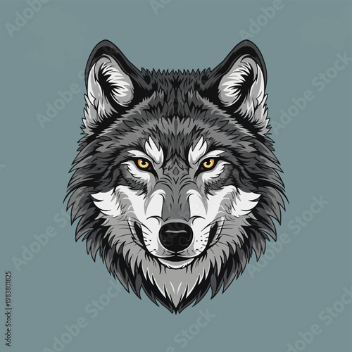 Symmetrical gray wolf head vector illustration with detailed fur and piercing yellow eyes, frontal view mascot design for sports logos or wildlife branding on blue-gray background.