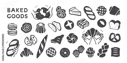 Textured ink sketch baked goods with hands holding and breaking bread, including loaves, croissants, pastries and sweet treats, drawn with grainy speckled texture and rough edges