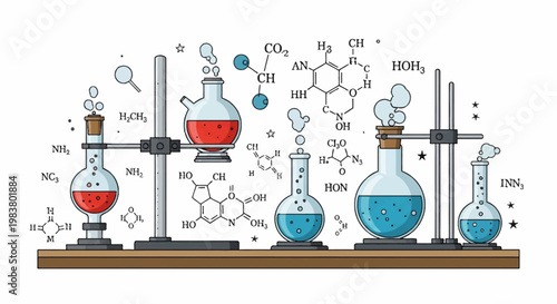 Hand-drawn illustration of chemistry laboratory glassware including flasks, beakers, and test tubes on stands with chemical molecular formulas, equations, and bubbling liquids.