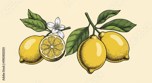 Vintage botanical illustration of whole yellow lemons on branches with green leaves, a sliced lemon half showing internal pulp, and a white citrus flower on a light cream background.