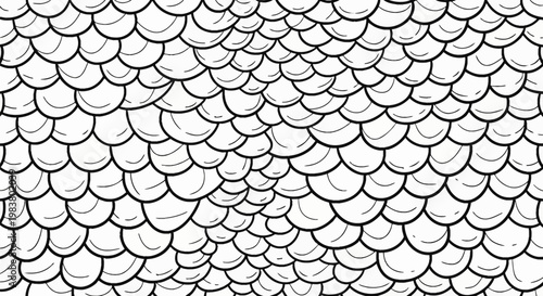 Seamless vector illustration of a black and white hand-drawn dragon scale pattern. The design features overlapping semi-circular fish scales in a repetitive tileable texture.