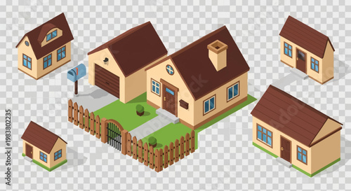 Isometric vector set of suburban residential houses featuring cream walls, brown roofs, wooden fences with gates, detached garage, blue mailbox, and green lawns for map building.