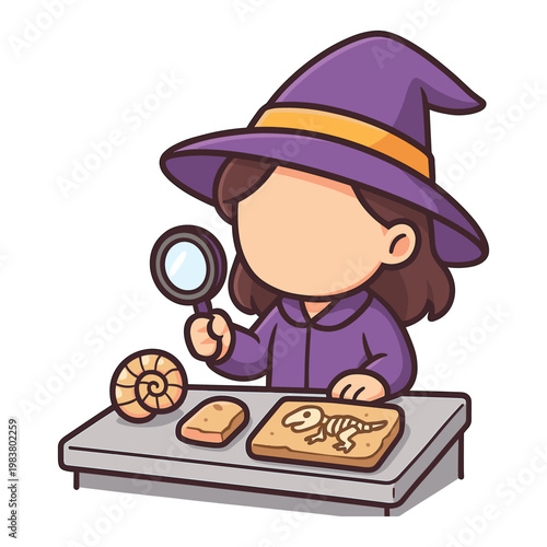 Child examining fossils with magnifying glass flat vector