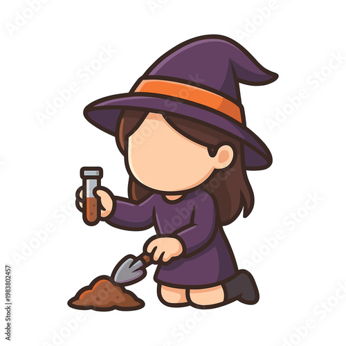 Witch character kneeling holding potion and trowel