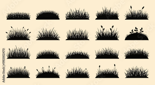 Large collection of twenty distinct black grass silhouette icons featuring various meadow plants, lawn tufts, weeds, and wetland reeds isolated on a plain light cream background.