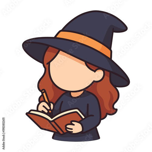 Witch writing in a book cartoon flat illustration