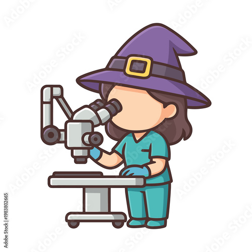 Scientist in witch hat using microscope flat vector