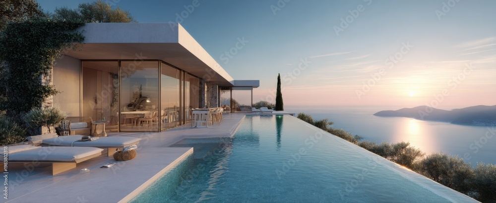 Fototapeta premium Luxury Modern Villa with Infinity Pool Overlooking a Serene Ocean Sunset in a Tropical Paradise
