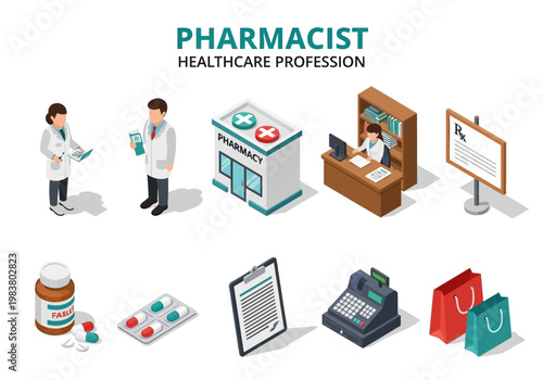 Healthcare Profession Pharmacist Icons and Illustrations Depicting Pharmacy Services and Medical Supplies