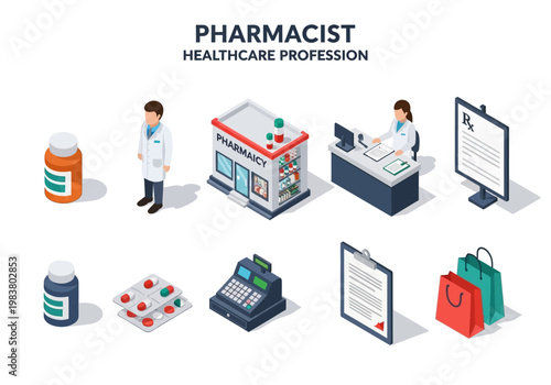 Isometric illustrations showcasing a pharmacy, pharmacist, and related medical supplies for healthcare professions