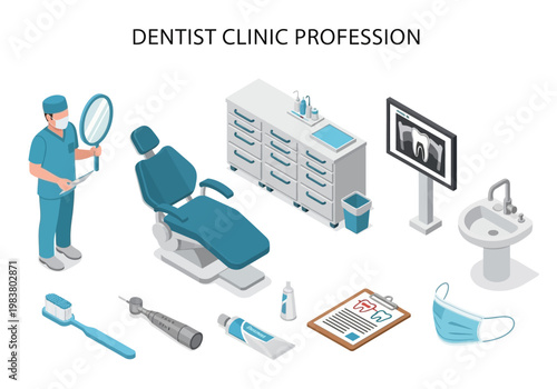 Dental Clinic Profession Isometric Icons Dentistry Equipment, Tools and Supplies