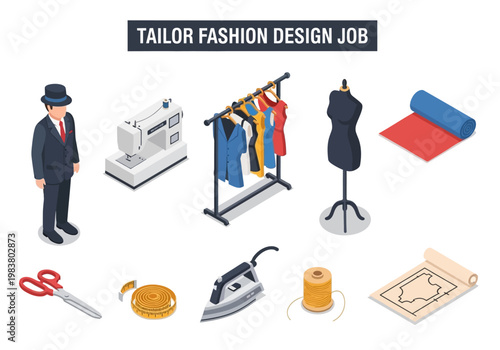 Tailor Fashion Design Job Isometric Icons of Sewing Machine, Mannequin, and Tools