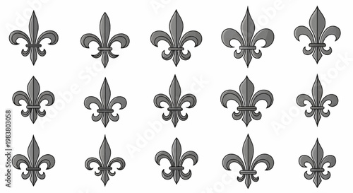 Collection of fifteen grey fleur-de-lis icons arranged in a three by five grid on a white background. Detailed heraldic lily symbols with black outlines and soft shadows.