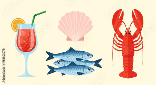 Vector set of summer icons featuring a red tropical cocktail with an orange garnish and straw, a pink scallop seashell, a whole red lobster, and a group of three blue fish on a plain background.