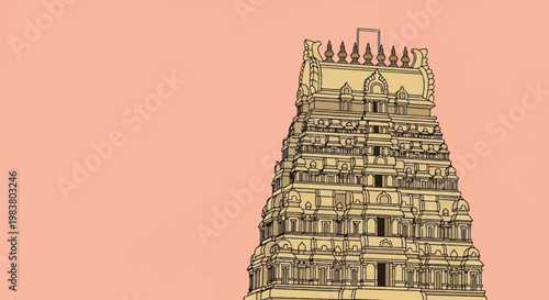 Detailed vector illustration of a South Indian Hindu temple gopuram tower featuring multiple tiered architectural levels and finials, on a peach background with ample copy space.