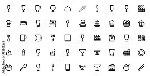 Tableware icon set. Minimal vector icons pack. Includes champagne glass, coffee mug, fork, spoon, plate, bottle, kettle, wine glass and more. Editable stroke.