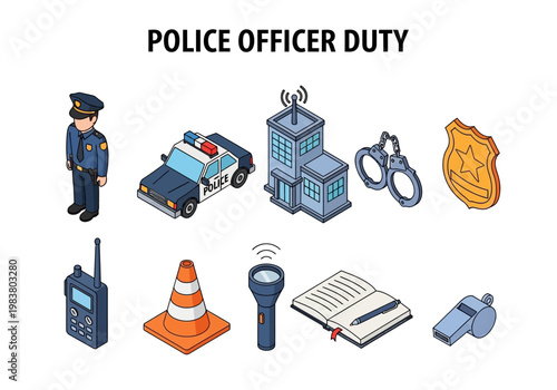 Set of isometric police icons depicting law enforcement tools and vehicles