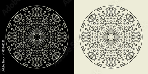 Abstract Mandala Line Art Black White, Relaxing Coloring Book Design for Adults