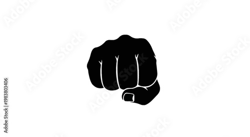 Black silhouette of a clenched fist facing forward isolated on a white background. Vector illustration of a hand in a punch position representing strength, power, and solidarity.