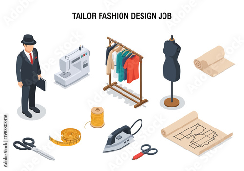 Tailor Fashion Design Job Isometric Illustration of Sewing and Garment Creation Essentials