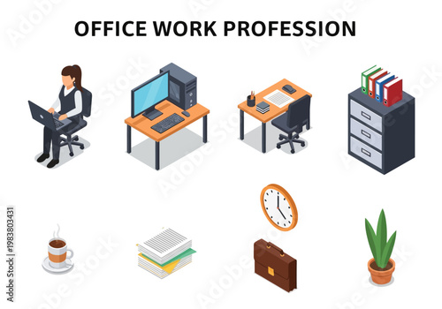 Office work profession isometric icons representing different aspects of a workplace environment