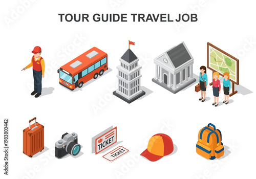 Tour guide and travel job isometric icons for presentation and infographic elements