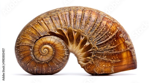 Close-up of a fossilized ammonite shell with intricate spiral patterns and textured surface.
