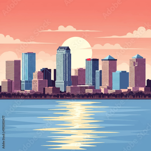 Minimalist flat vector illustration of the Tampa Florida city skyline with skyscrapers and waterfront at sunset, featuring a large sun behind buildings and orange sky reflecting on water.