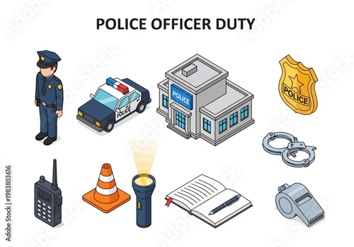 Police officer duty and equipment illustrations for law enforcement and safety concepts