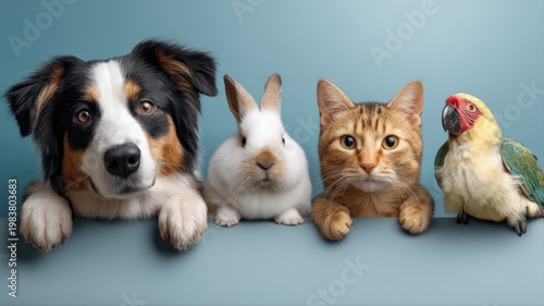 Adorable group of diverse domestic pets including dog, cat, rabbit, and parrot looking into camera