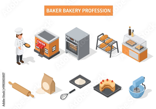 Baker Bakery Profession Icon Set Baking Tools, Oven, Cakes, and Pastry Shop Elements