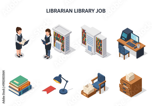 Librarian Library Job Isometric Icons A Professional Collection for Education and Information Science