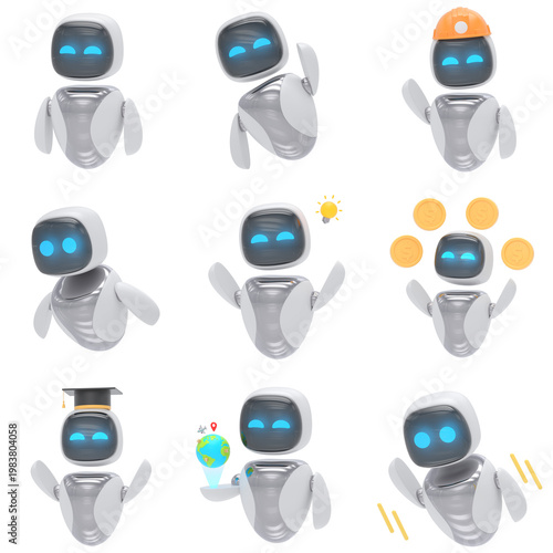 Collection set of robot activity 3d icon in cartoon plastic style minimal isolated on transparent white background, clipping path