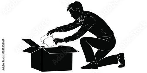 Packing silhouette illustration, organizing box artwork, moving storage vector, unpacking activity composition, household lifestyle character illustration