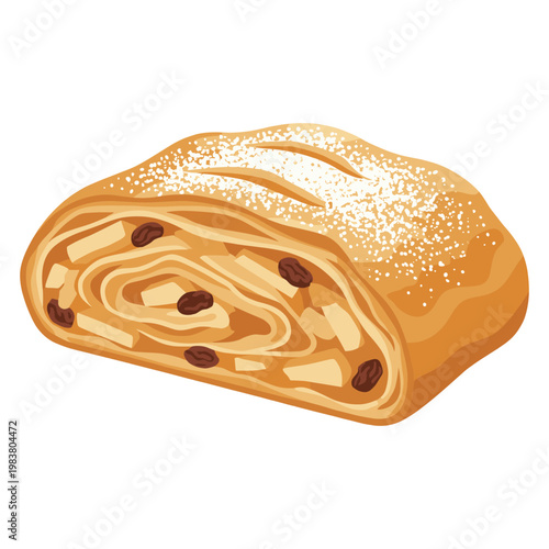 A delicious strudel, a pastry delight, cut to show filling, sprinkled with powdered sugar. 