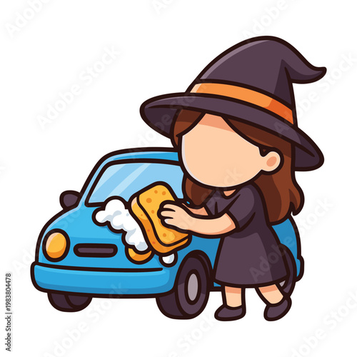 Witch washing car with sponge flat vector