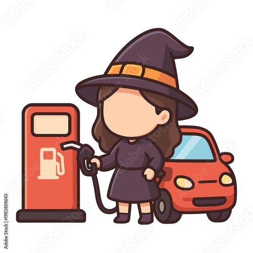 Witch pumping gas at fueling station flat vector