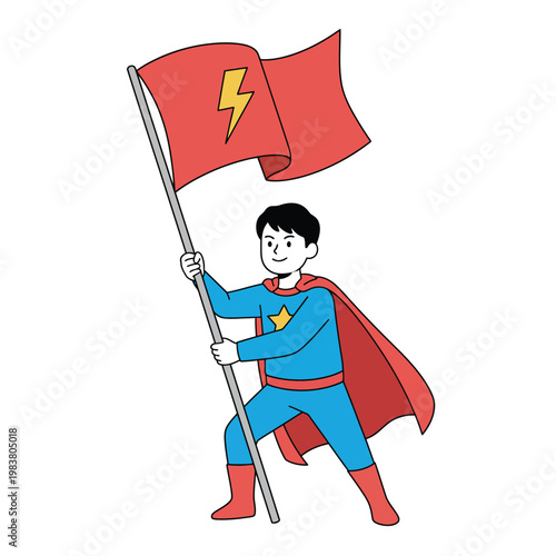 Flat illustration of a child superhero holding a flag, suitable for leadership, success, and motivational concepts.