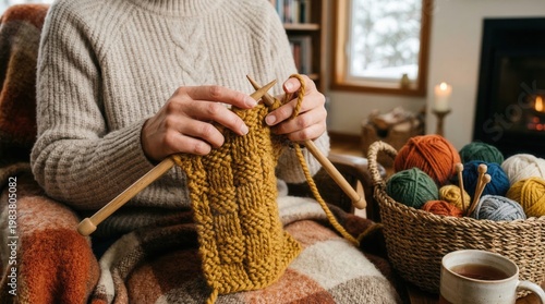 Hands knitting chunky yellow woolen scarf with wooden needles