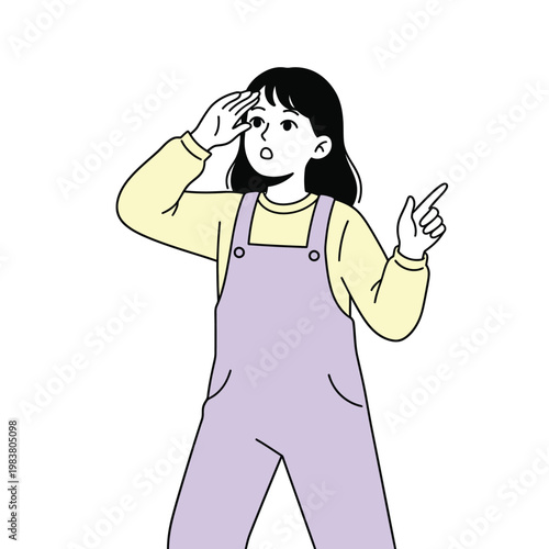 Flat illustration of a thoughtful girl pointing as if having an idea, ideal for education, brainstorming, and creativity concepts.