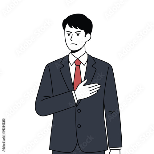 Professional man in suit making formal gesture, corporate communication and responsibility concept, vector illustration.