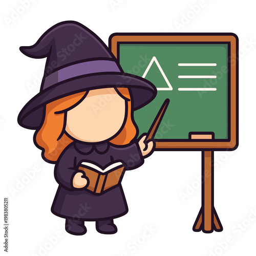 Witch teaching geometry at school blackboard