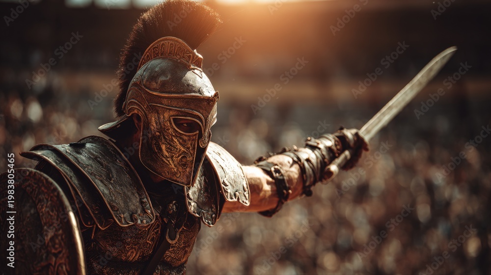 Naklejka premium Ancient Warrior in Full Armor with Sword and Shield Ready for Battle in Colosseum