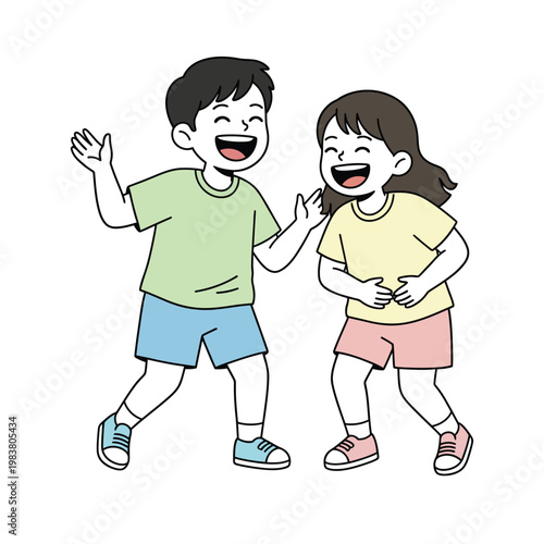 A boy in a green shirt and a girl in a yellow shirt, both laughing heartily and holding their stomachs in shared joy. Flat design pastel illustration.
