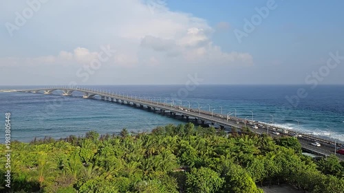 Sinamale Bridge or China-Maldives Friendship Bridge, the first inter-island bridge in the Maldives. Aerial view