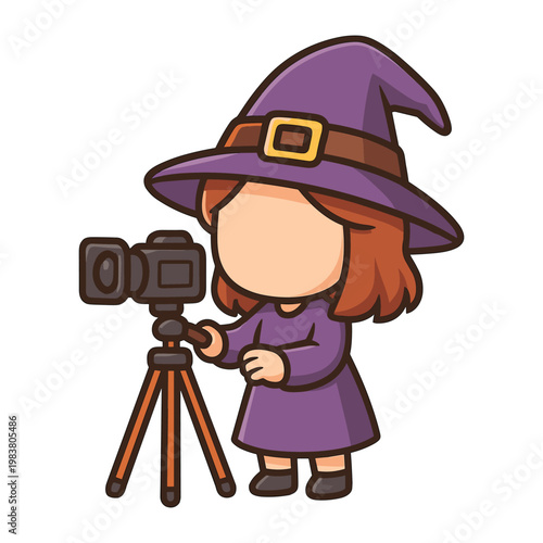 Witch with camera on tripod flat vector illustration