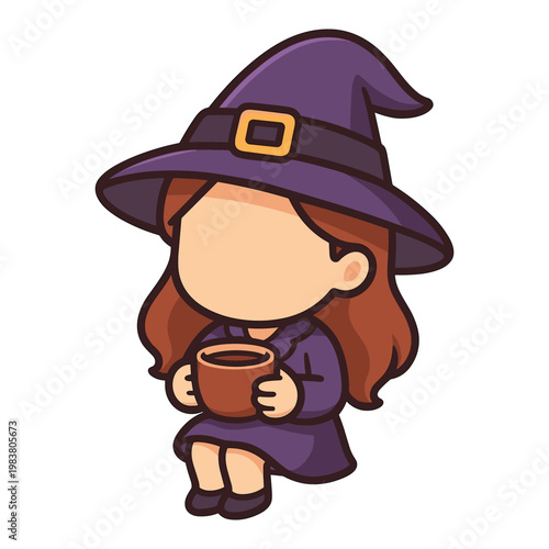 Girl sitting with cup wearing witch costume