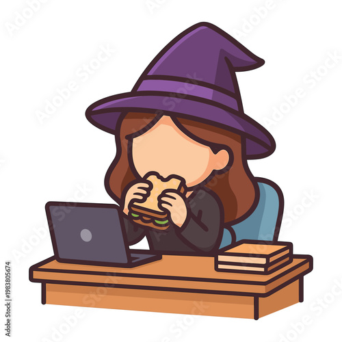 Woman witch eating sandwich at desk with laptop