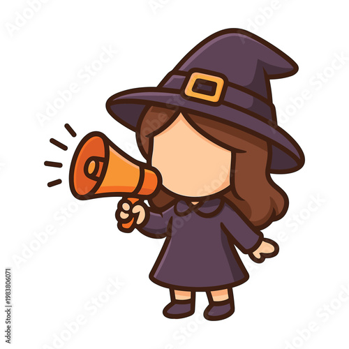 Witch girl holding megaphone cartoon character