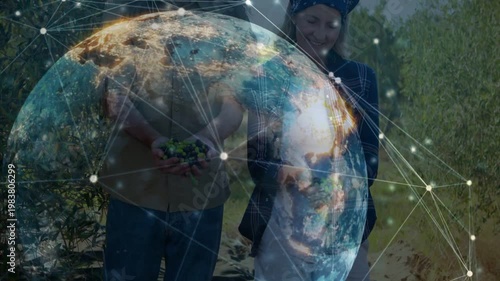 Globe overlay starting pair showing olives in grove overlay shifting revealing harvest for farming